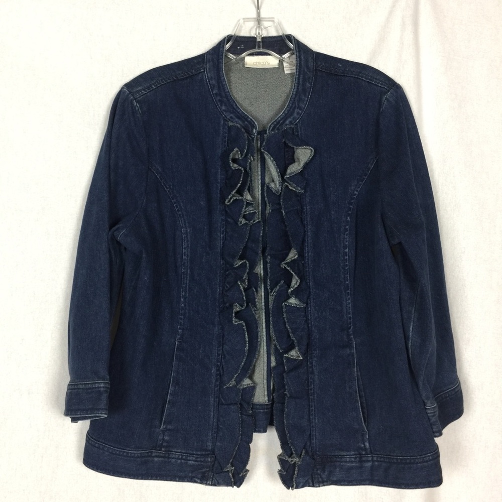 CHICO’s Denim Jacket Size 1. Dark Wash Blue